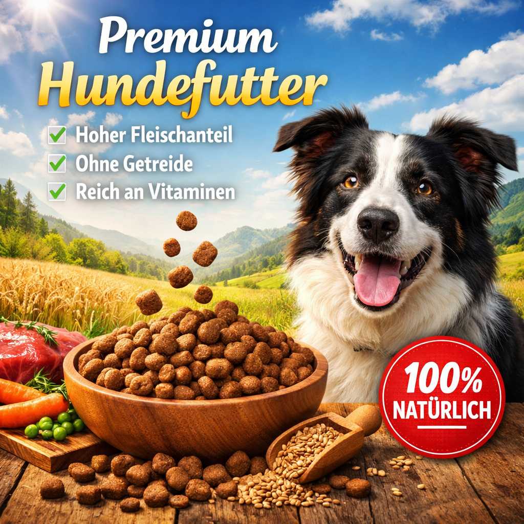 Hund neben einer Schale Premium Trockenfutter mit natürlichen Zutaten und Hinweis auf hohen Fleischanteil und getreidefreie Rezeptur