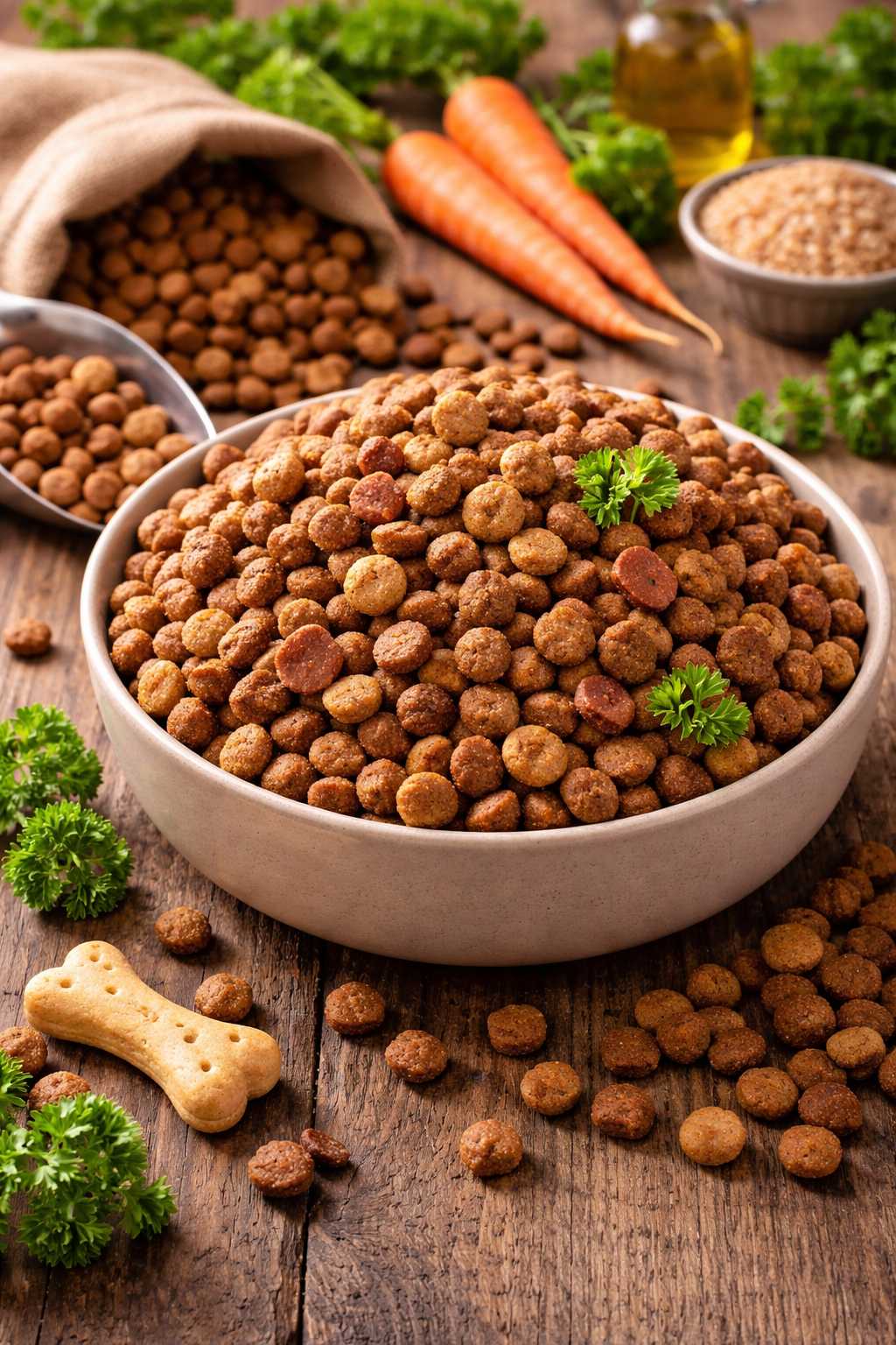 Schüssel mit Hundetrockenfutter auf Holztisch, daneben Karotten, Kräuter und Hundekeks